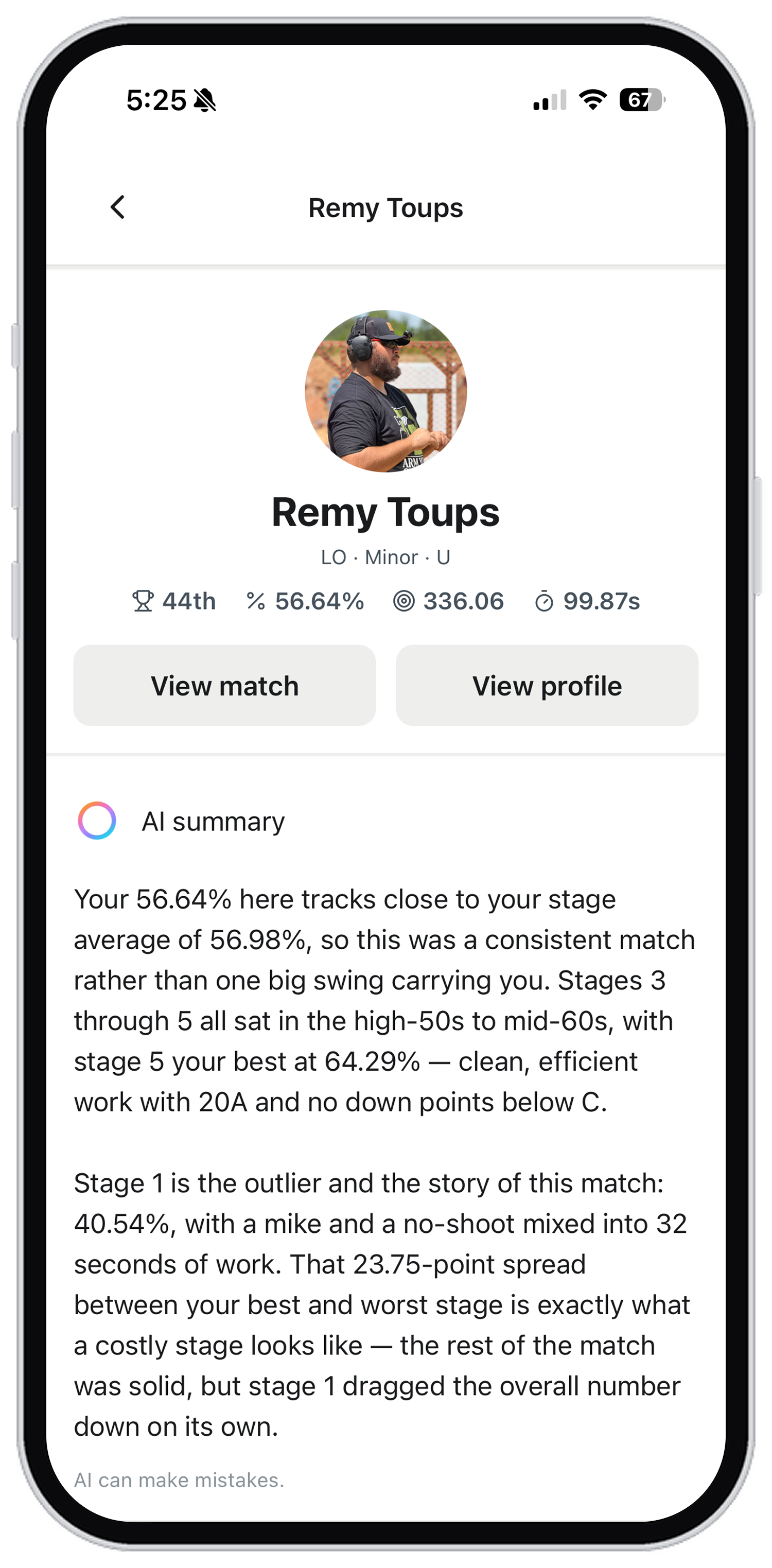 An AI-written summary of a shooter's match result, explaining their consistent stages and the one stage that dragged the match down