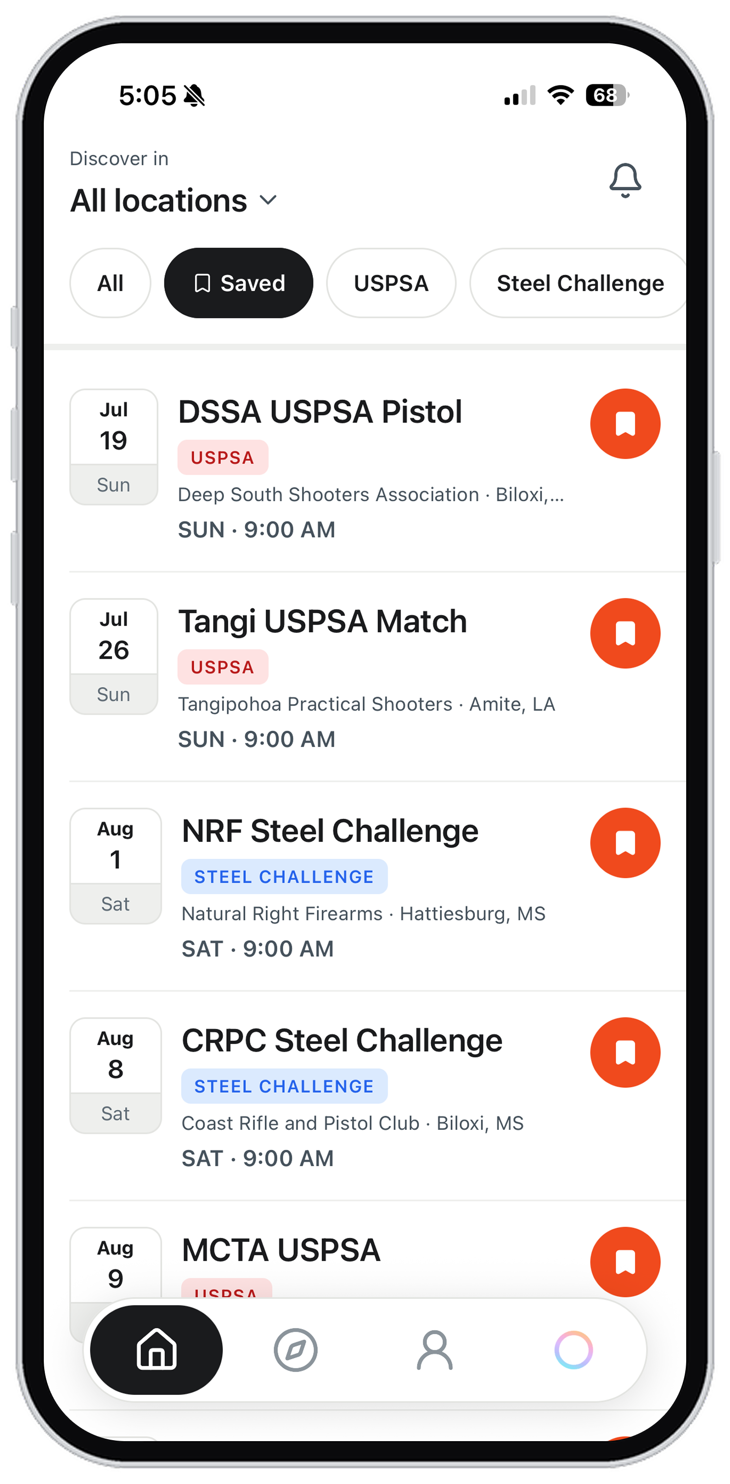 The Shooters Club home feed, showing upcoming USPSA and Steel Challenge matches with saved-match filters