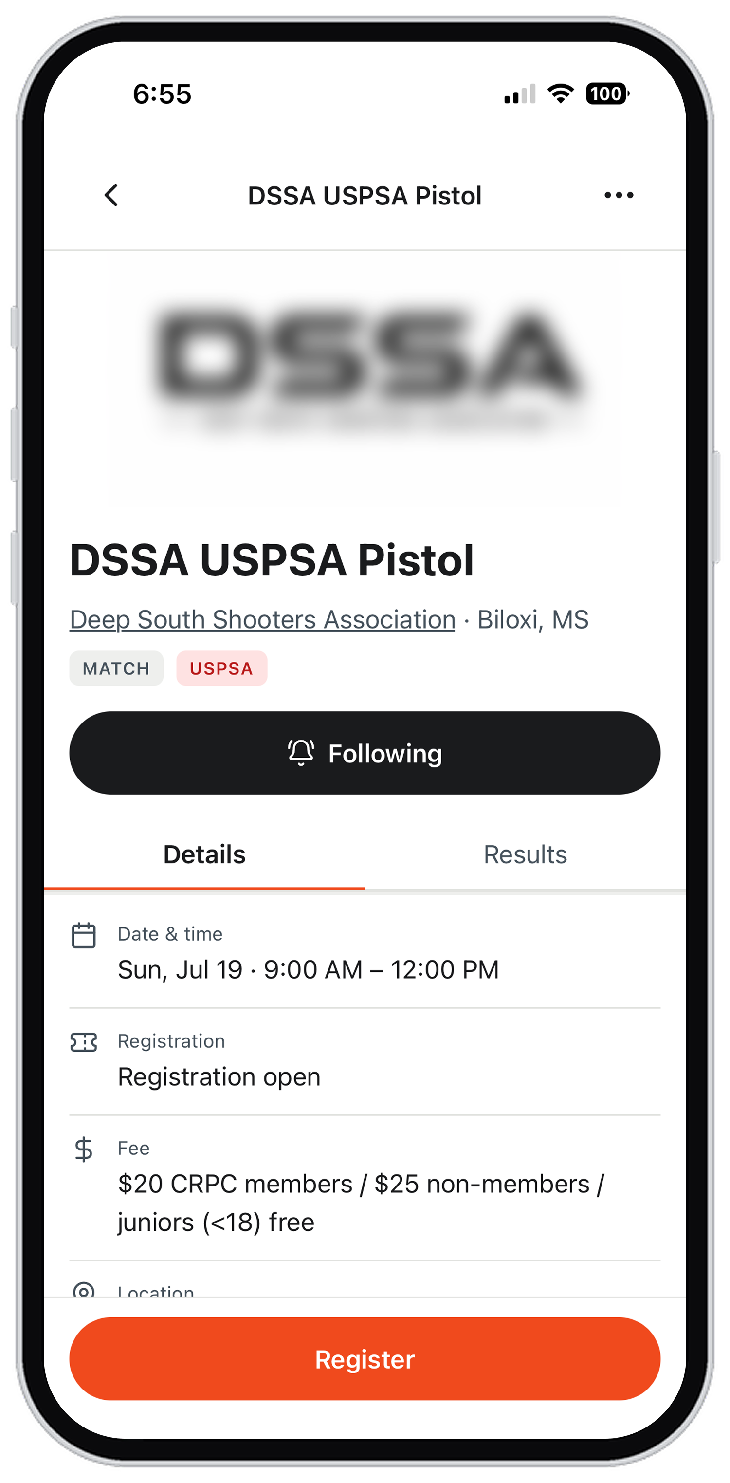 A match detail page, showing the date, registration status, fee, and a follow button