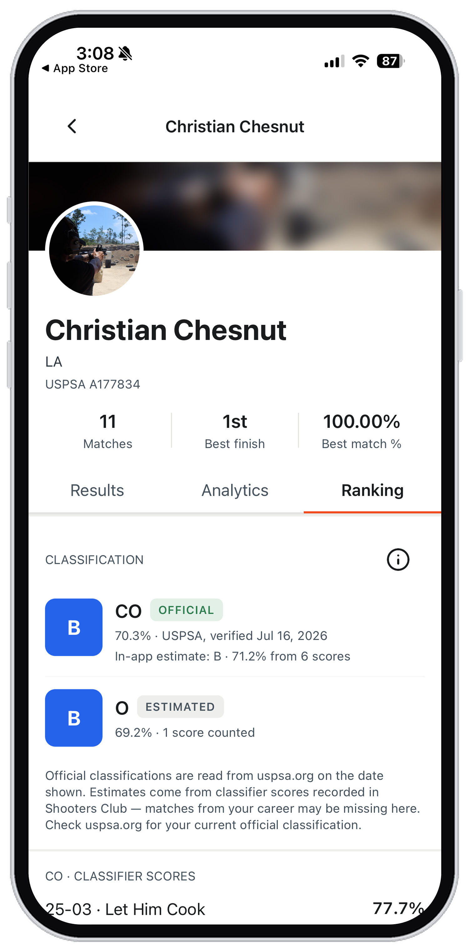The ranking tab, showing official and estimated USPSA classification per division